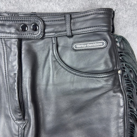 VTG Harley Davidson Leather Pants Womens 16 Black Motorcycle Biker Fringe 80s - Picture 3 of 14